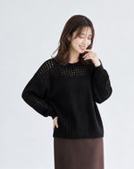 【秋新作】S~XL 透かし編み切り替えクルーネックニット