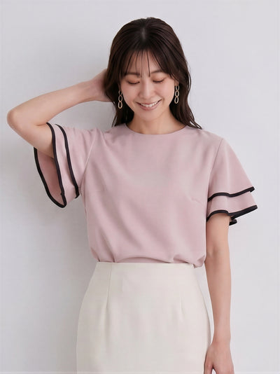 フリルフレアスリーブ 配色パイピングTシャツ-ライトピンク-L
