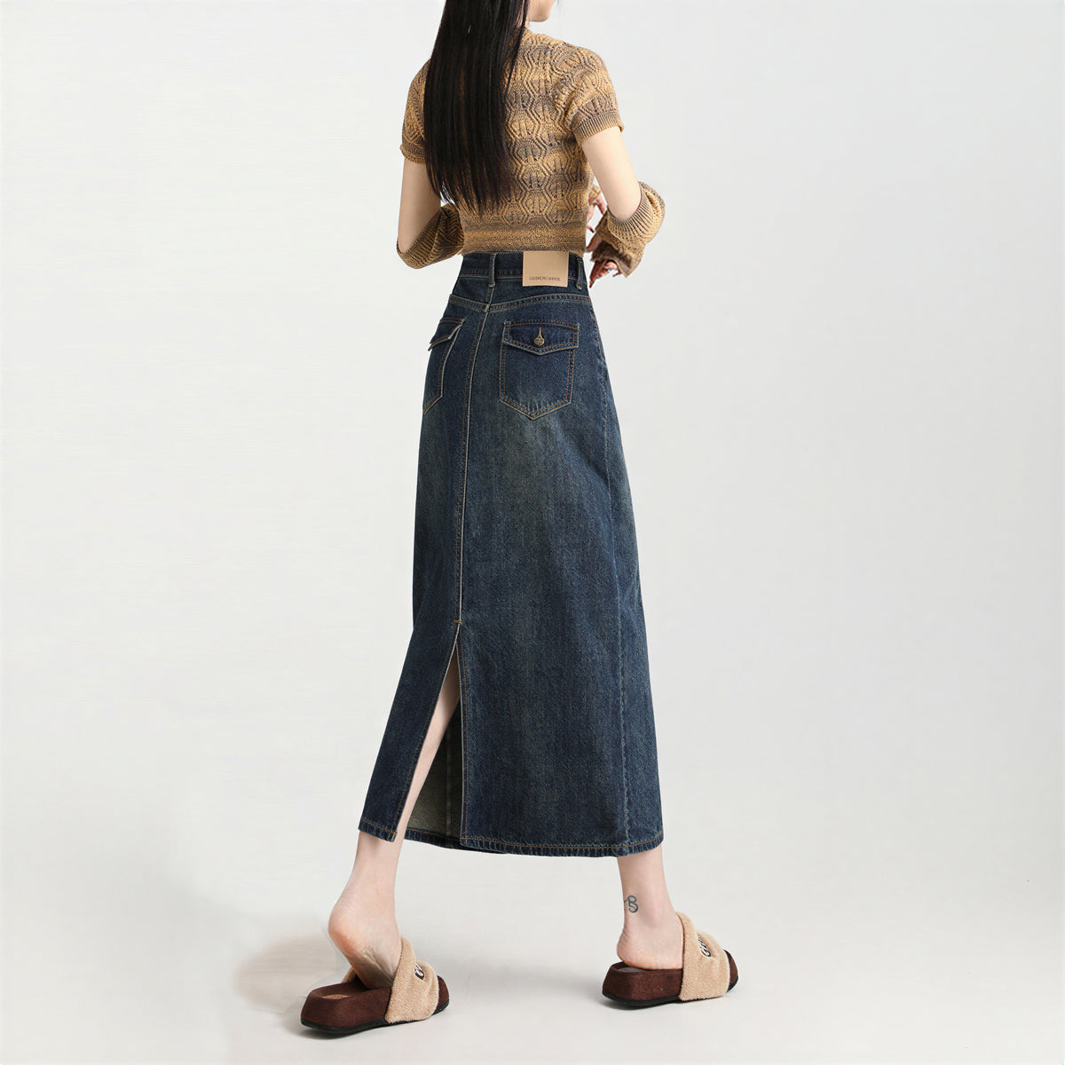 ハイウエスト ストレート スリット デニムスカート