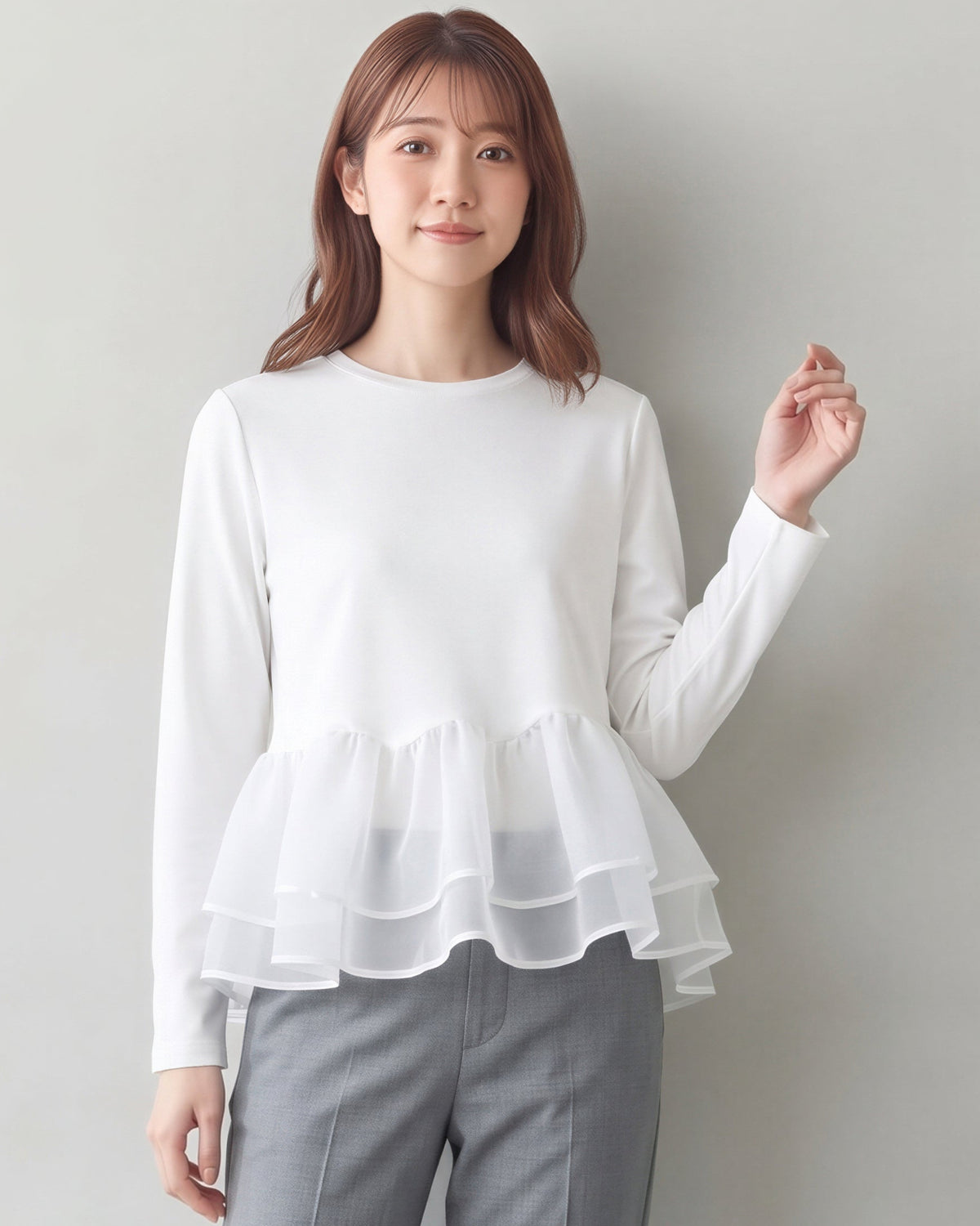 3色展開｜チュール切替・フリルヘム長袖Tシャツ