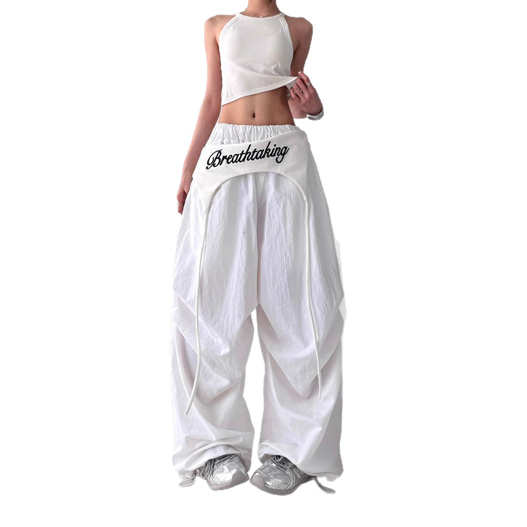 S-2XL ローライズ切り替えドローストリングワイドパンツ