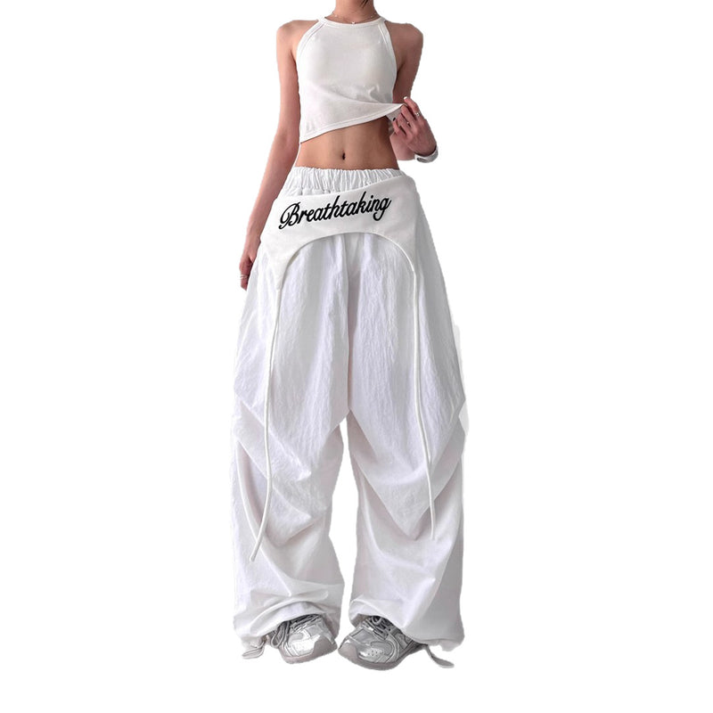 S-2XL ローライズ切り替えドローストリングワイドパンツ