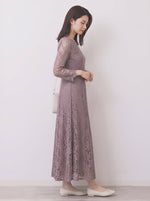 【秋新作】【全2色】S~2XL ラウンドネック 長袖 Aライン レースワンピース