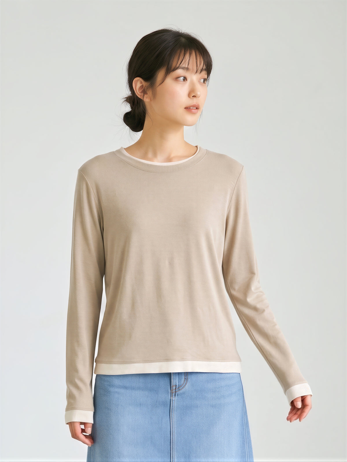 ラウンドネック レイヤード風 スリム見え フェイクツーピースTシャツ-オートミール-L