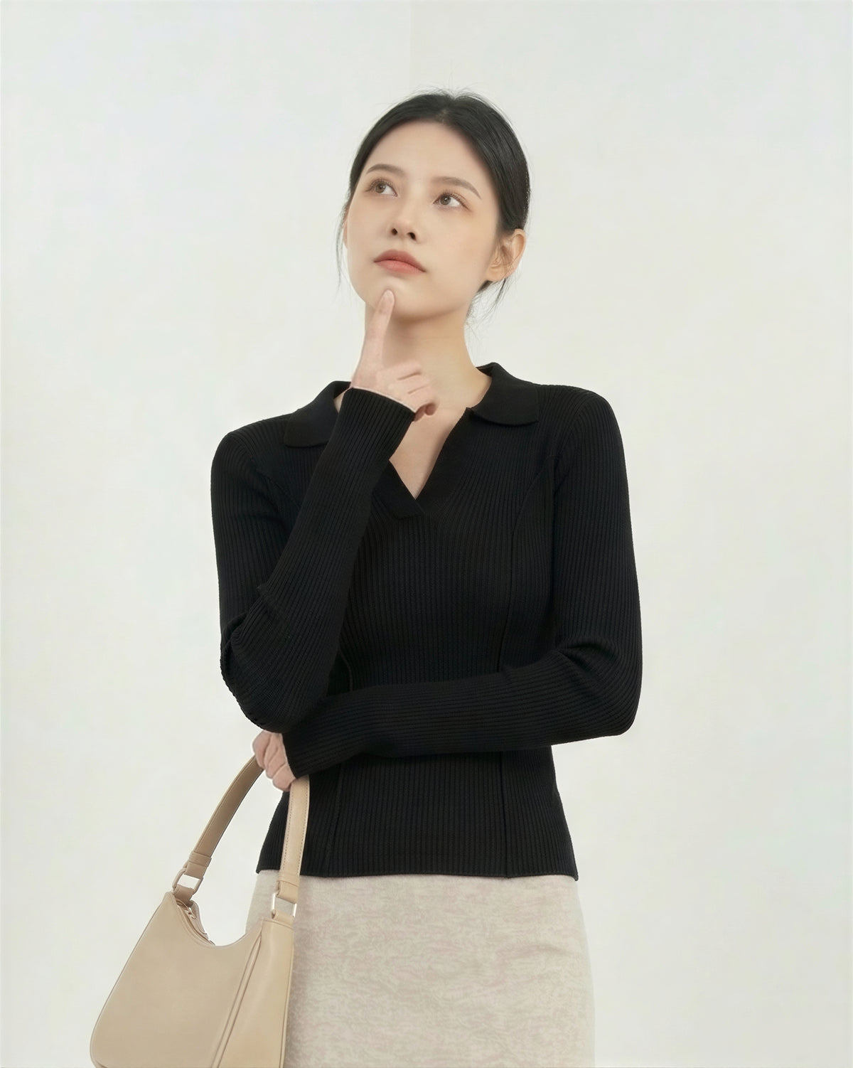 襟付きVネック リブ編み フィットニット