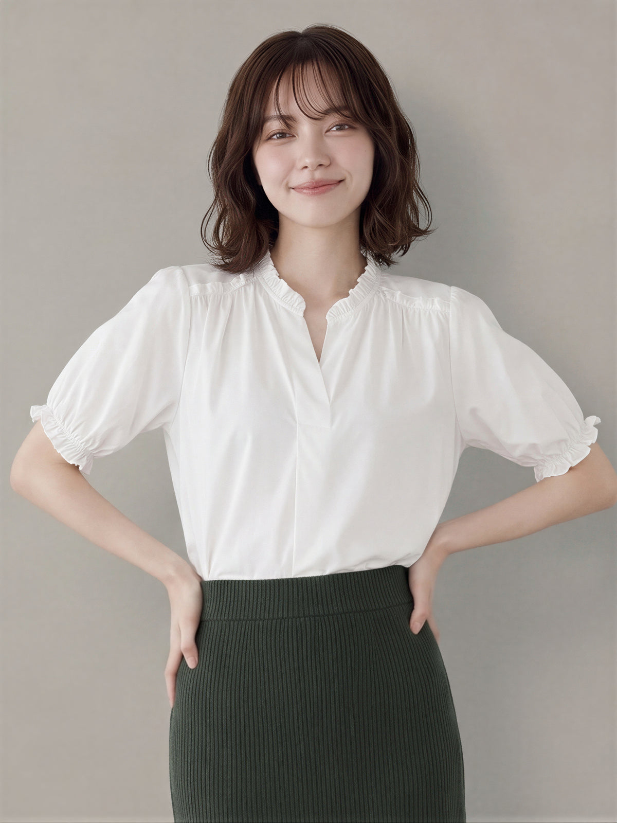 フリルネックVネック パフスリーブブラウス-ホワイト-2XL