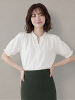 フリルネックVネック パフスリーブブラウス-ホワイト-2XL