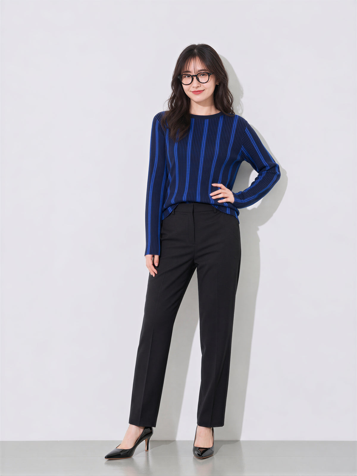 【秋新作】S~XL スリムフィット 縦ストライプ クルーネックニット
