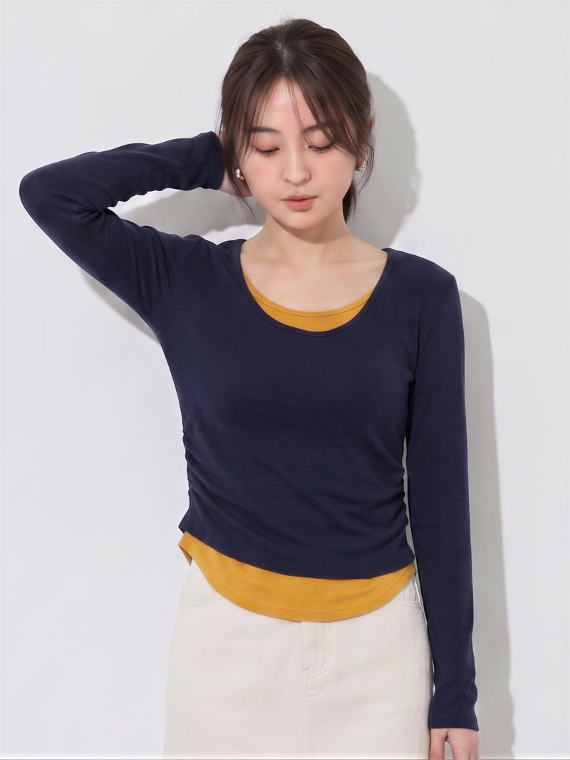 S~XL レイヤード風 クルーネック スリムフィット フェイクツーピース 長袖Tシャツ