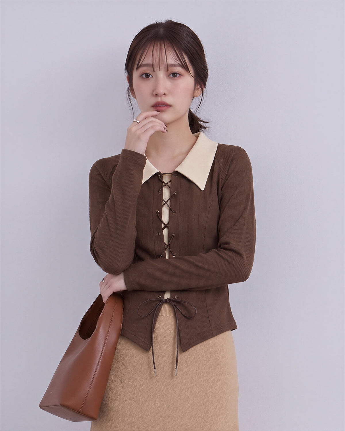 M~2XL 配色ビッグカラー ウエストマーク リボンニット