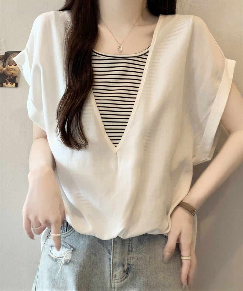 ディープV レイヤード風 ロールアップスリーブ フェイクツーピース 半袖Tシャツ