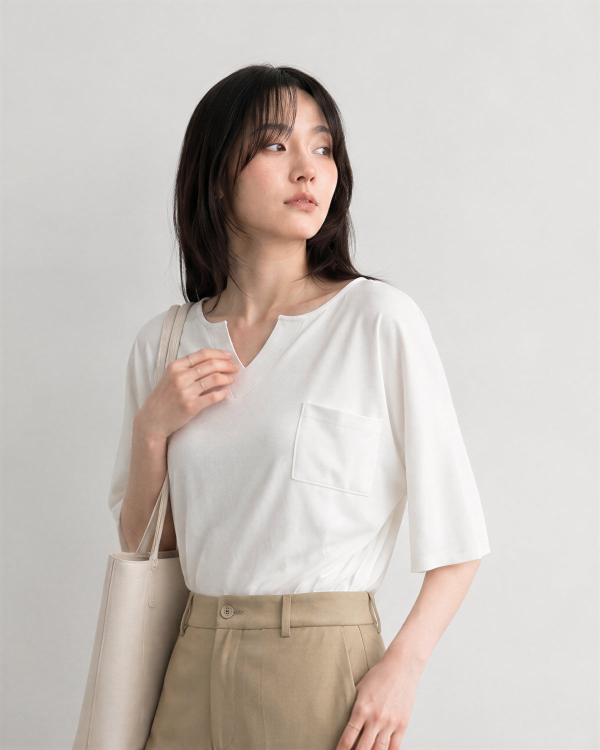 ゆったりドロップショルダーポケットTシャツ-ホワイト-F