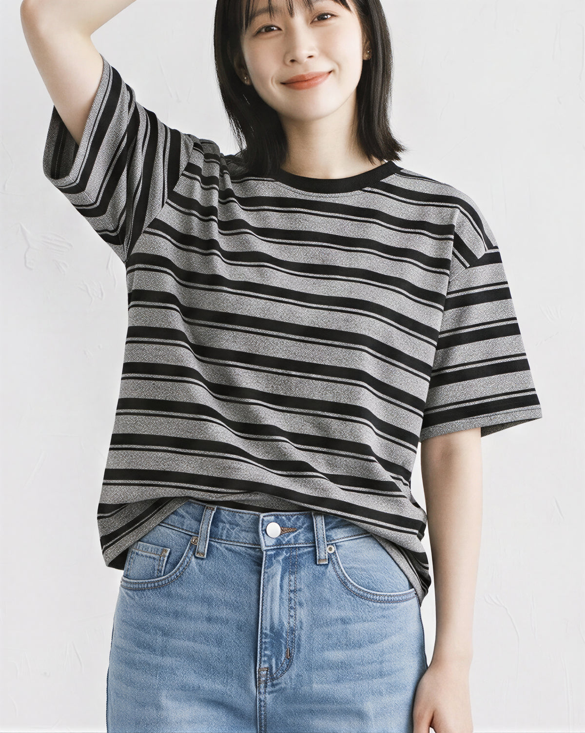 ブラックボーダー ルーズショルダーTシャツ-ブラック-L