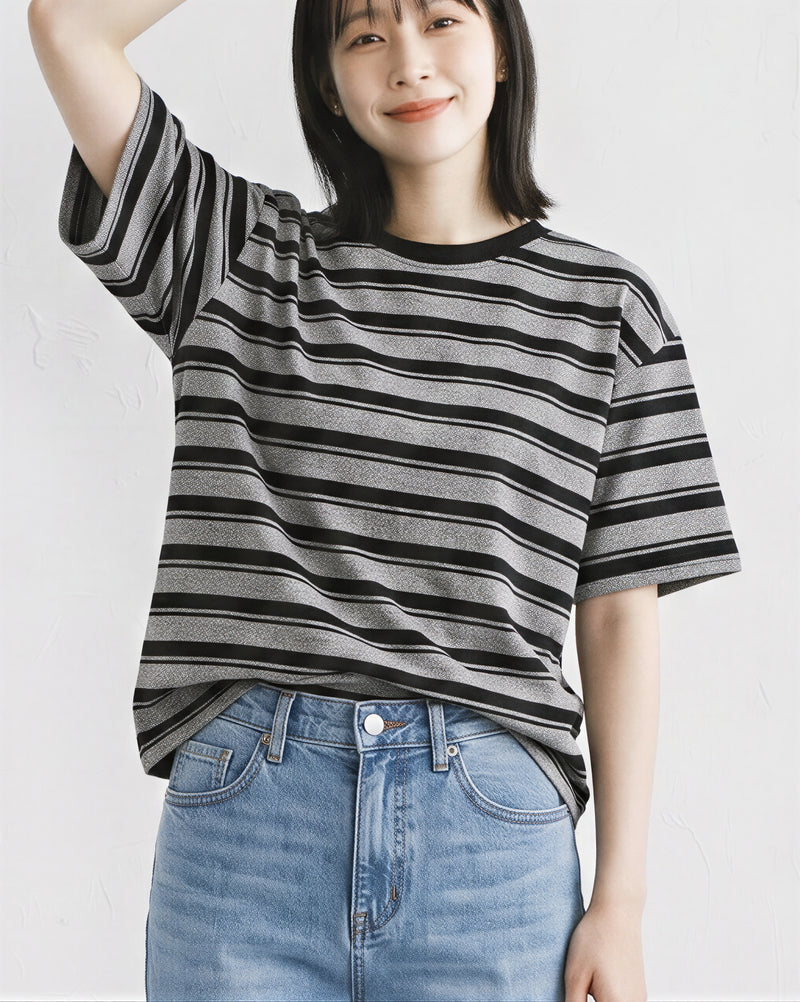ブラックボーダー ルーズショルダーTシャツ-ブラック-L