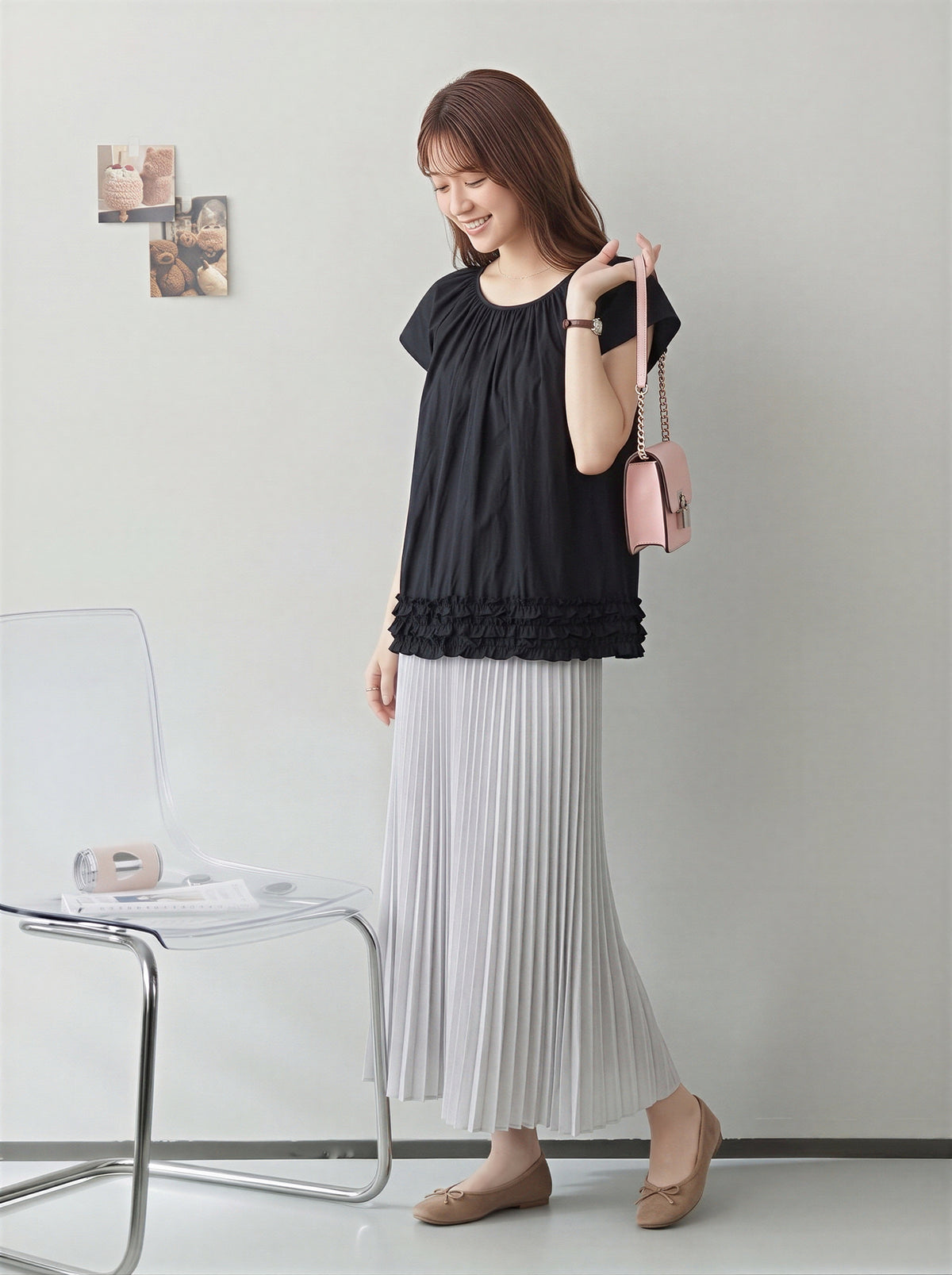 S～4XL ギャザー入りラウンドネック ペプラムヘムデザイン T シャツ