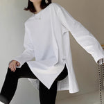 【秋新作】【全2色】S~2XL ゆったりドロップショルダー スリット入り長袖Tシャツ