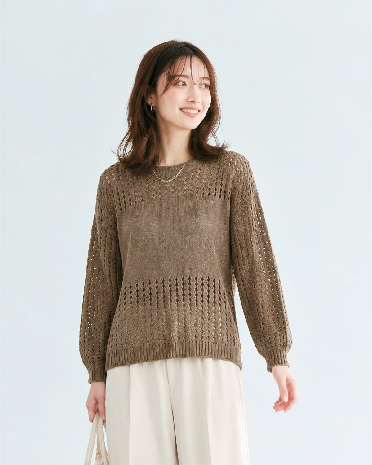 【秋新作】S~XL 透かし編み切り替えクルーネックニット