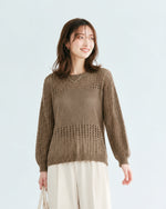 【秋新作】S~XL 透かし編み切り替えクルーネックニット