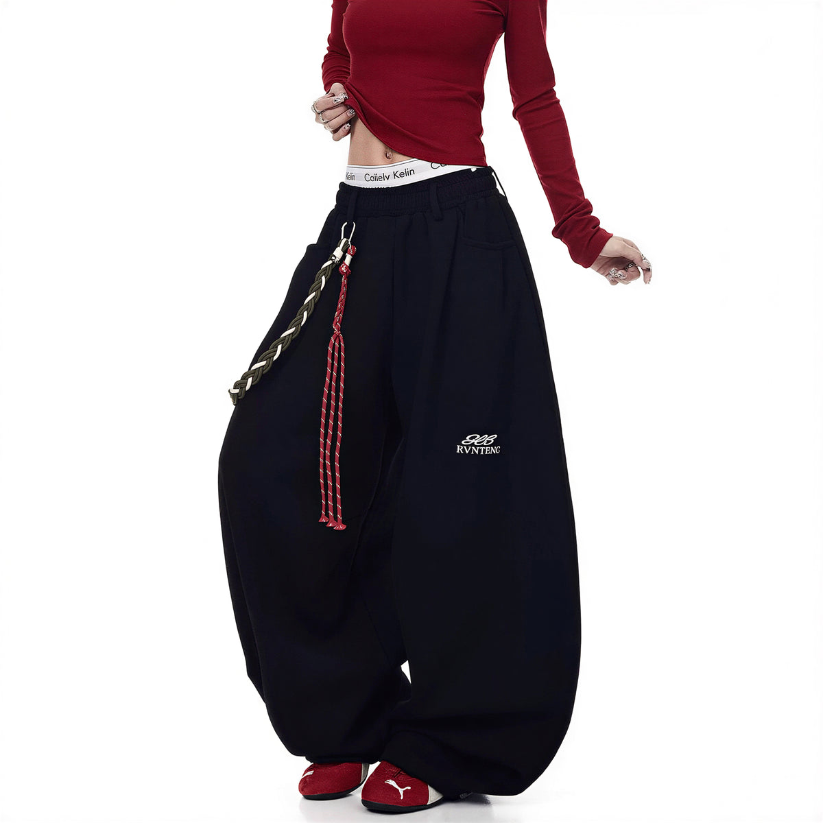 S-2XL ローウエスト チェーン付き ワイド スウェットパンツ