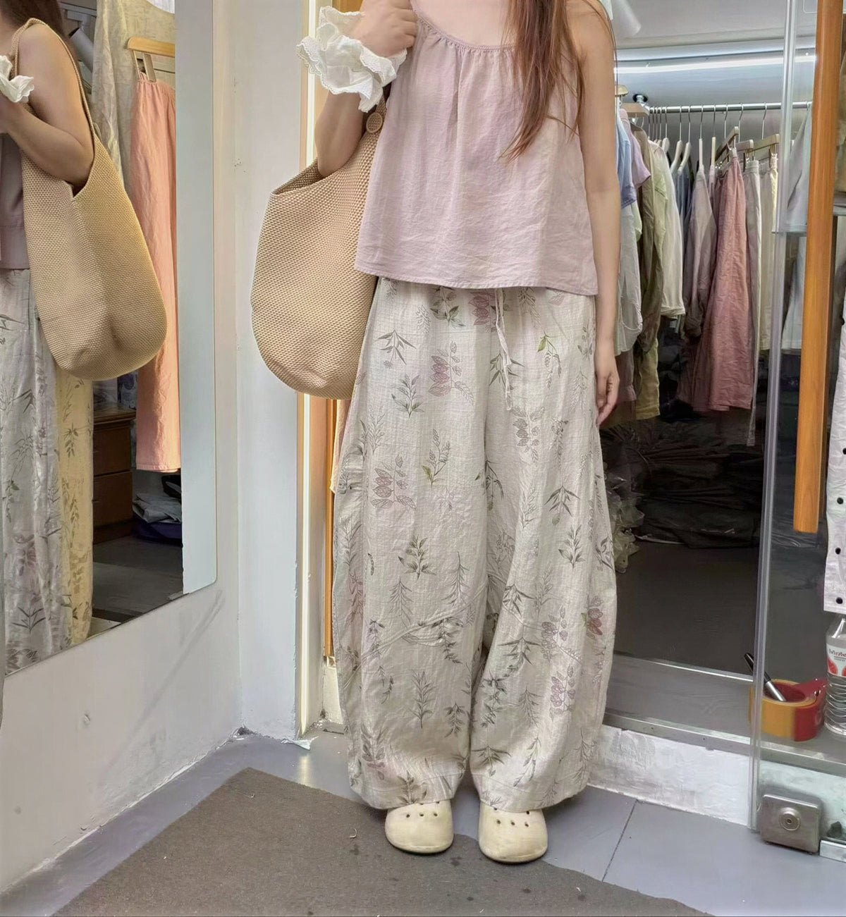 【全2色】M~2XL ボタニカルプリント ゆったりワイドパンツ