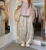 【全2色】M~2XL ボタニカルプリント ゆったりワイドパンツ