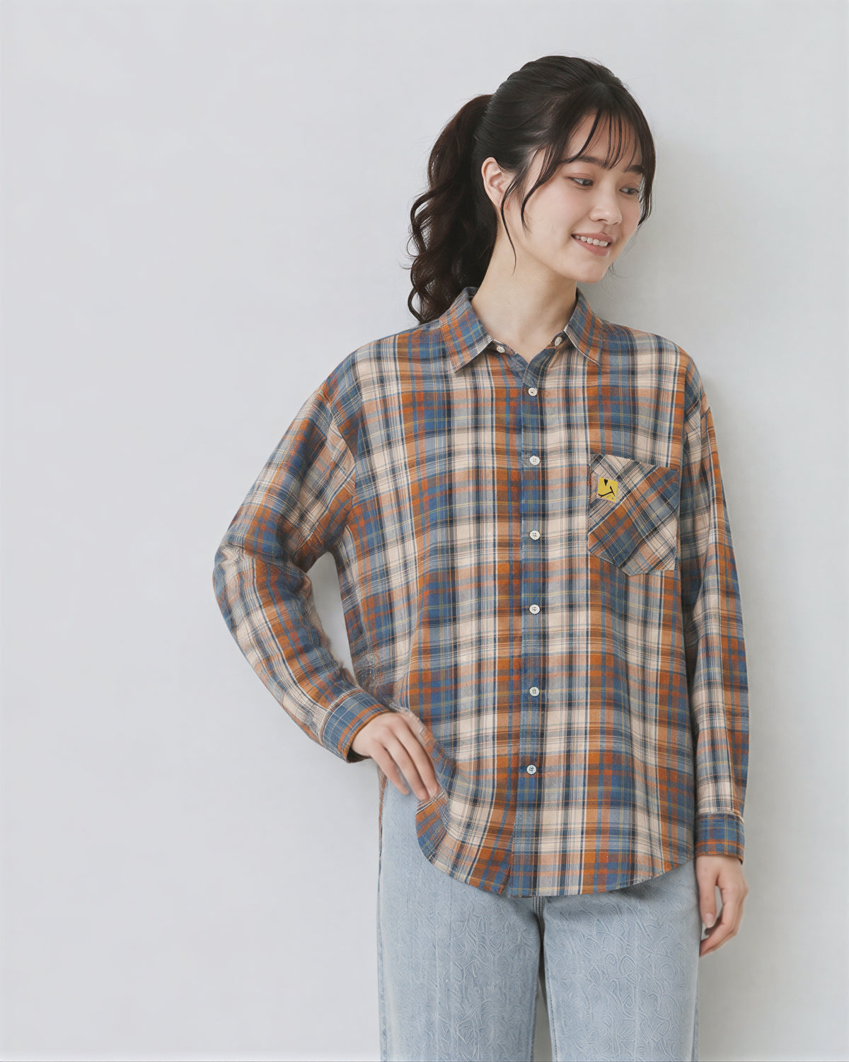 【秋新作】M~2XL ゆったりチェック柄シングルポケットシャツ