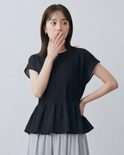 縦プリーツ素材 ウエストシェイプ ペプラムタンクトップ-ブラック-2XL