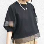 オーガンジー切り替えパフスリーブTシャツ-ブラック-XL
