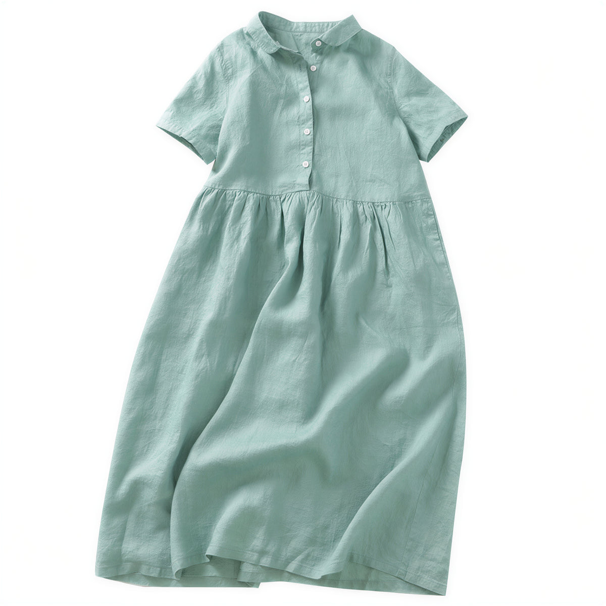 【全2色】M~2XL スタンドカラー 前ボタン ハイウエスト プリーツ ロングワンピース
