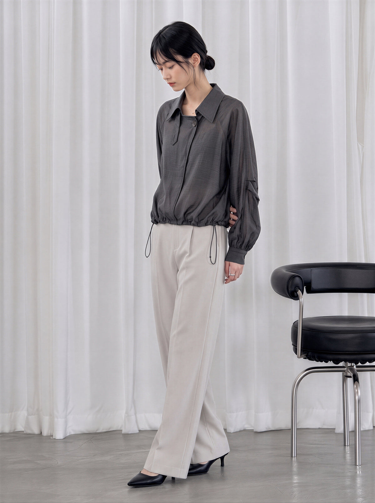 L~3XL ドローストリングウエスト アシンメトリー前立てシャツ