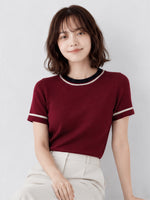 涼しげでゆるく締まらない半袖ニットレトロな赤トップス
