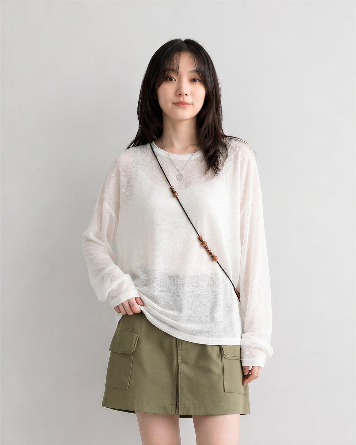 S~XL シアー重ね着 ルーズフィット 長袖Tシャツ