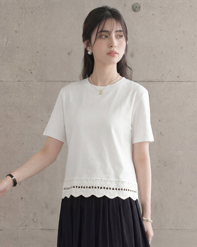 ホワイト クルーネック ストレートシルエット ショート丈 透かしレース 半袖Tシャツ