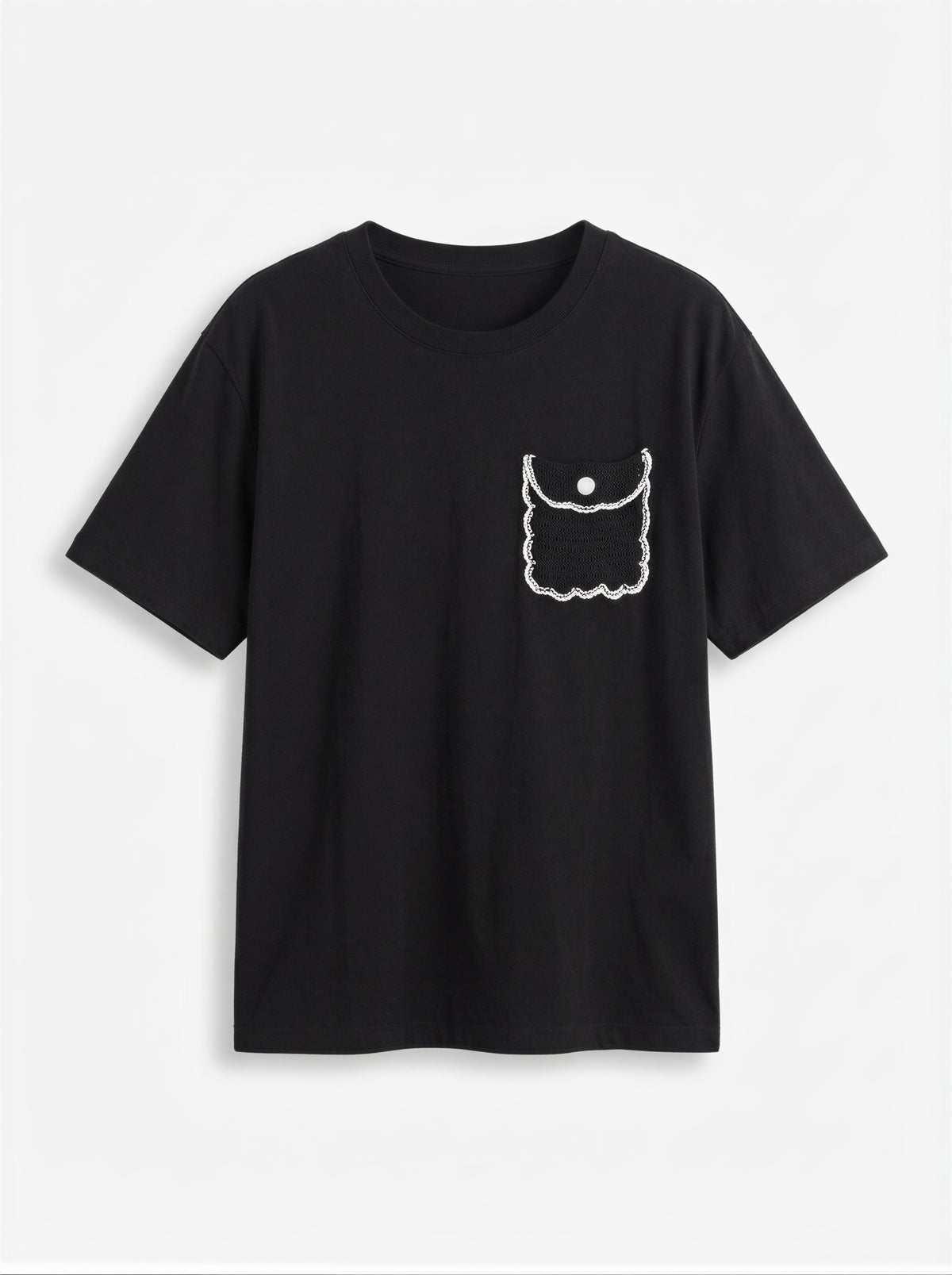 ブラック ゆったりドロップショルダー 立体ポケット刺繍 半袖Tシャツ