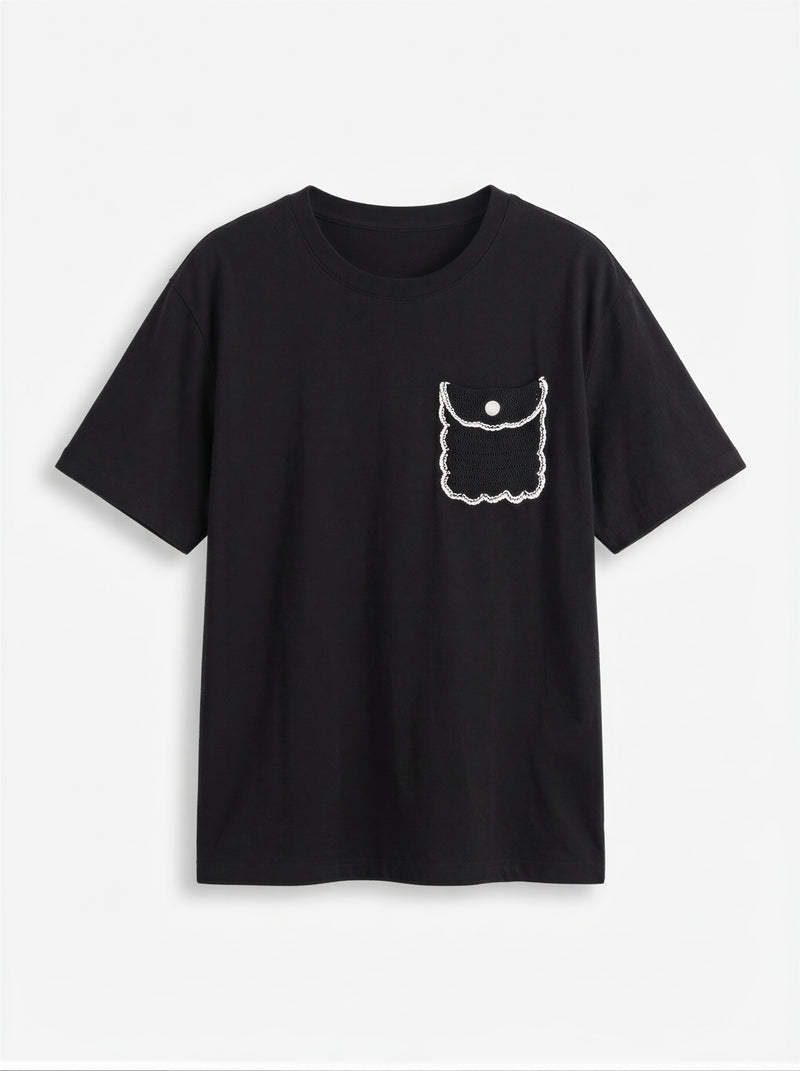 ブラック ゆったりドロップショルダー 立体ポケット刺繍 半袖Tシャツ