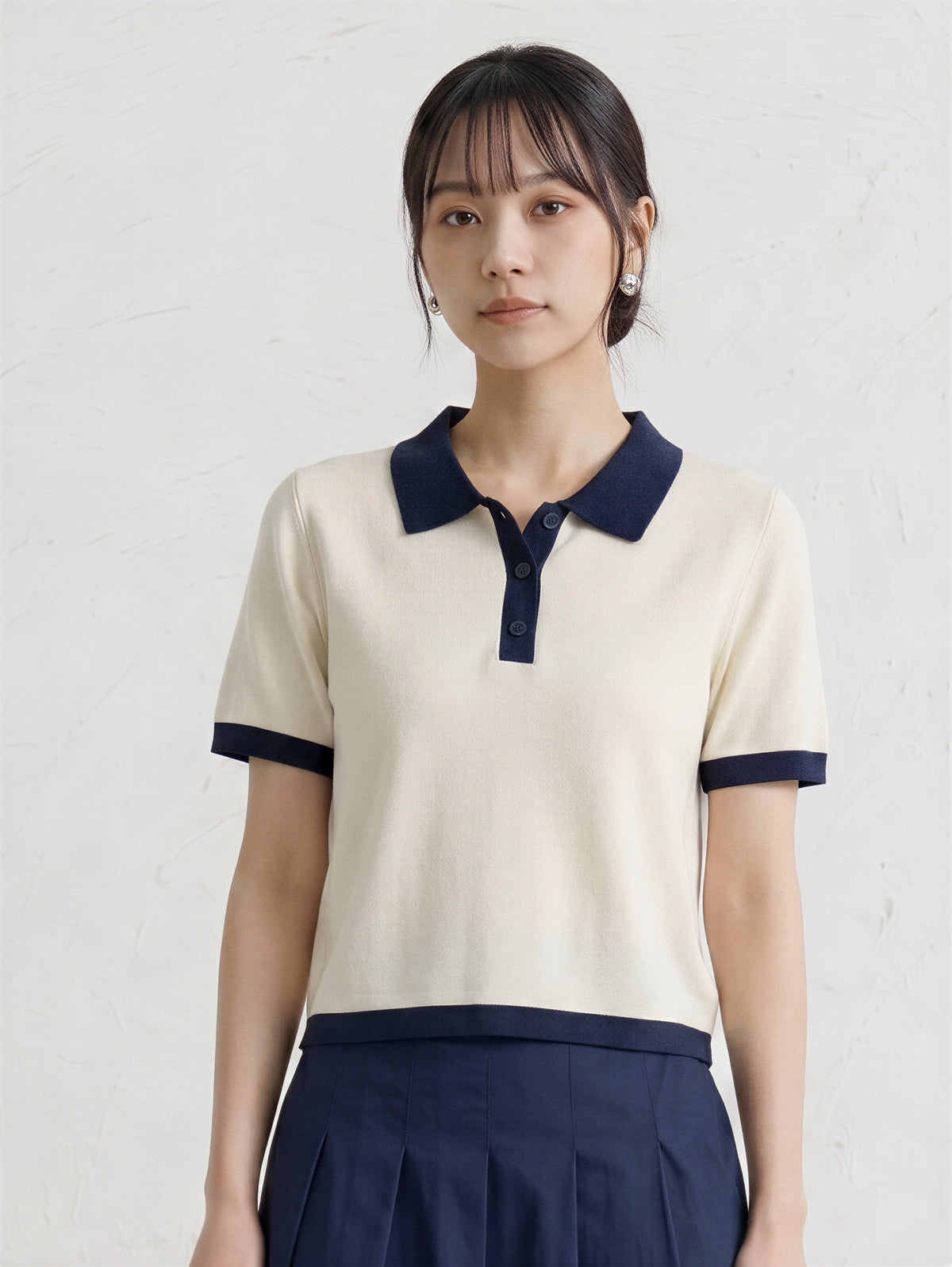 配色POLO襟ショート丈ニットトップス-ベージュ-XL