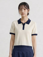 配色POLO襟ショート丈ニットトップス-ベージュ-XL