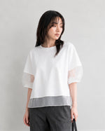 オーガンジー切り替えパフスリーブTシャツ-ホワイト-XL