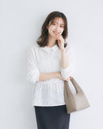 M~2XL ホワイト 透かし柄 襟付き ゆったり長袖シャツ