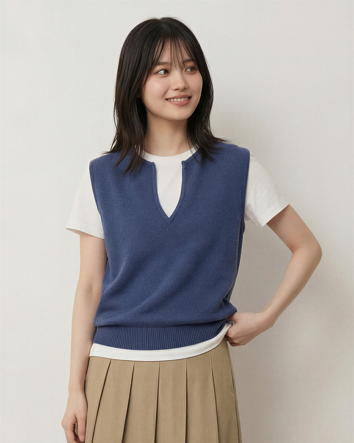 Vネックスリット 配色切り替え リブ仕上げ フェイクレイヤード 半袖Tシャツ-ダークネイビー-FREE (85-135)