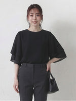 ラウンドネック ティアードフリルスリーブ ルーズ シフォンブラウス-ブラック-L