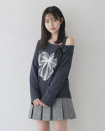 オフショルダー リボンプリントTシャツ-ダークブルー-FREE