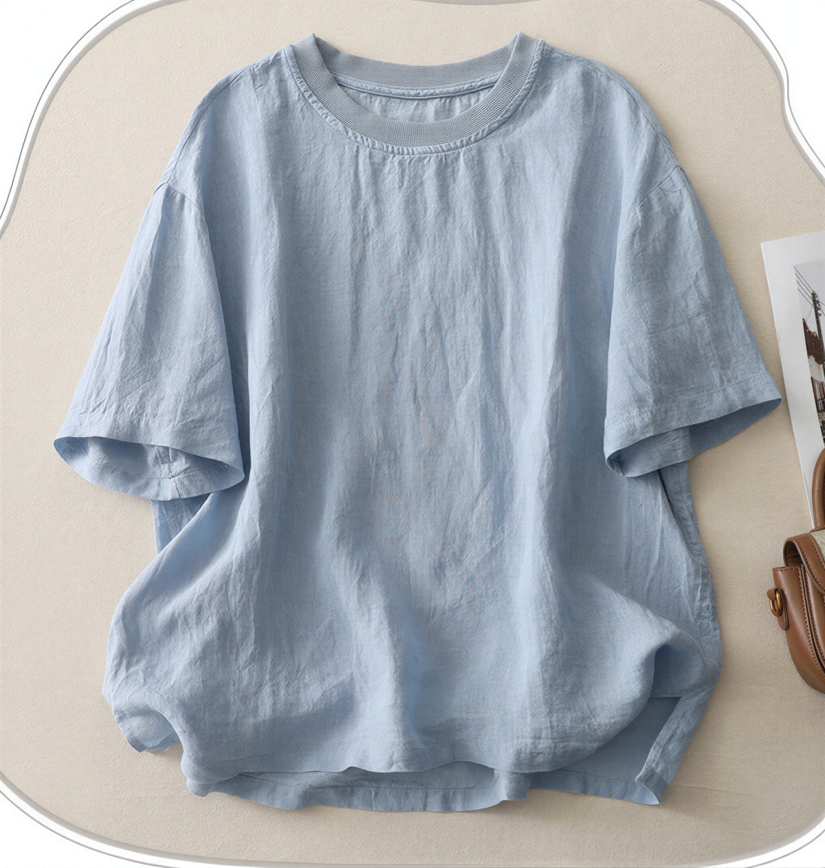 ライトブルー 肩落ち ゆったり クルーネック 半袖Tシャツ
