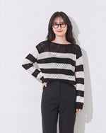 M~4XL 白黒ボーダー 透かし編み ルーズニット