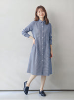 【秋新作】【全2色】M~2XL ゆったりAライン 立体カッティング シャツワンピース