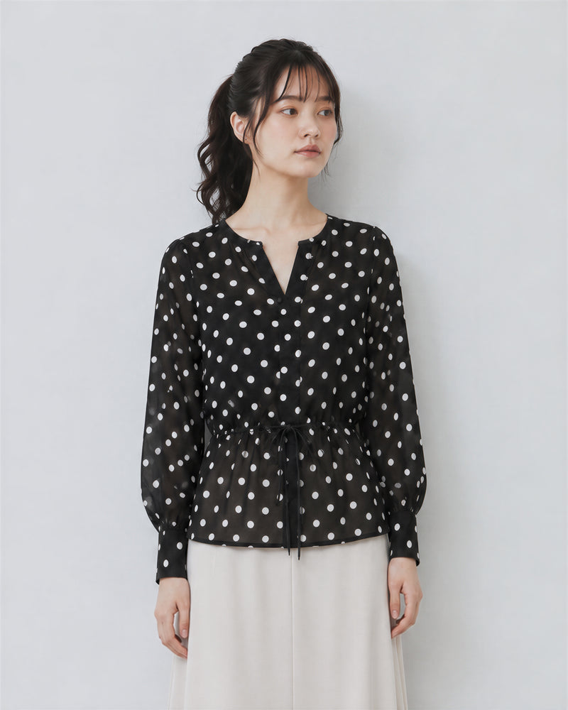L~4XL ブラックドット ウエストマークブラウス