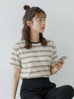 配色クルーネック ジャカードボーダーTシャツ