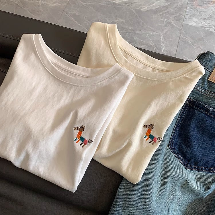 シンプル クルーネック ポニー刺繍Tシャツ
