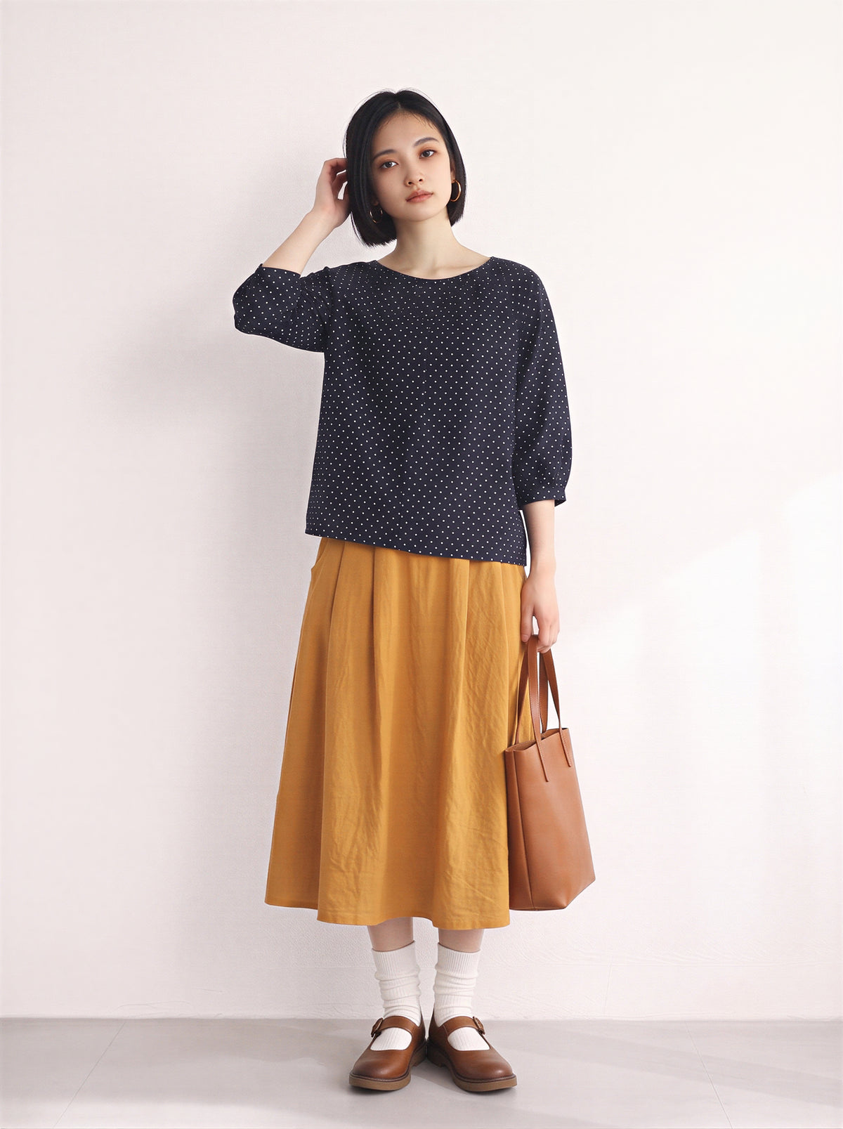 M-2XL ネイビードット ギャザー入り ゆったりブラウスXL