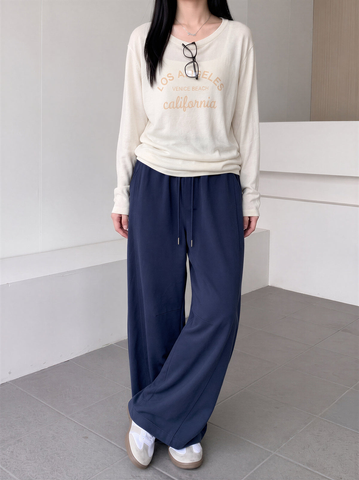 【全4色】M~XL ハイウエスト ドローストリング 裾だまりワイドパンツ